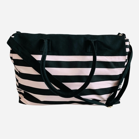 Victoria’s Secret Duffel Bag Black White Pink Stripe Canvas with Makeup Case - Picture 5 of 11